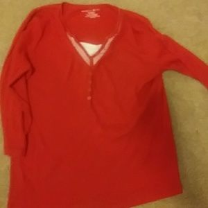 Red button collar, mountain lake blouse